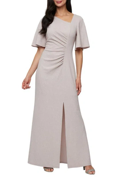 SL FASHIONS SL FASHIONS ASYMMETRIC FLUTTER SLEEVE RUCHED SHIMMER CREPE GOWN