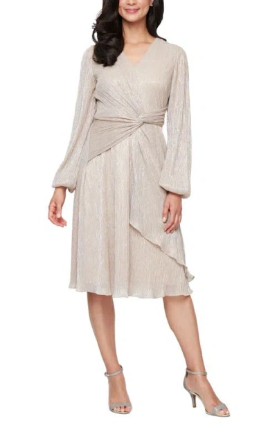 SL FASHIONS SL FASHIONS KNOT FRONT LONG SLEEVE METALLIC CHIFFON COCKTAIL DRESS