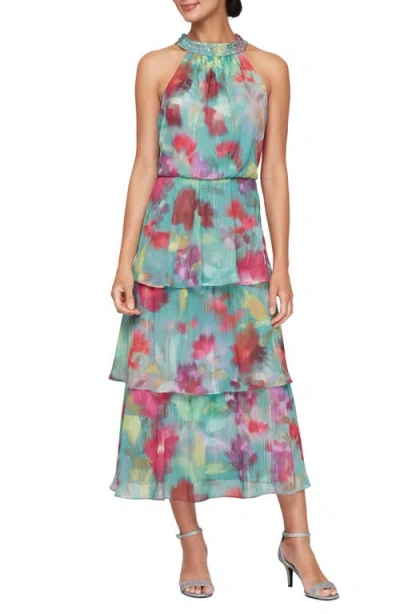 SL FASHIONS SL FASHIONS TIERED HALTER MIDI DRESS