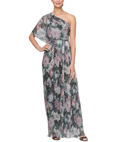 SL FASHIONS WOMEN'S ASYMMETRIC-NECK PRINTED A-LINE GOWN