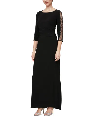 SL FASHIONS WOMEN'S BEADED-SLEEVE RUCHED-WAIST GOWN