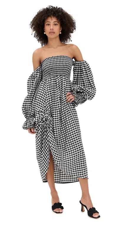 SLEEPER ATLANTA LINEN DRESS WITH ROSE DETAIL BLACK VICHY