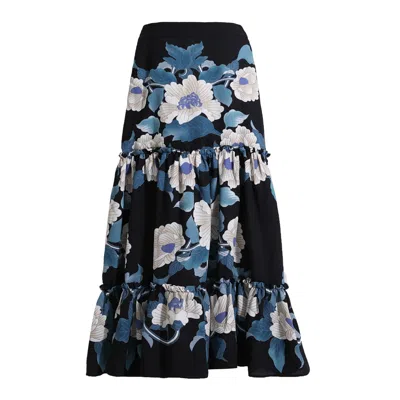 SMART AND JOY WOMEN'S BLUE LONG FLOWER PRINT TIERED SKIRT