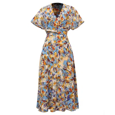 SMART AND JOY WOMEN'S WRAP MIDI ABSTRACT PRINT MIDI DRESS - YELLOW & BLUE
