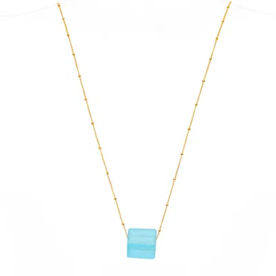 SMART GLASS JEWELRY WOMEN'S BLUE RECYCLED GIN BOTTLE CUBE NECKLACE GOLD FILL AQUA