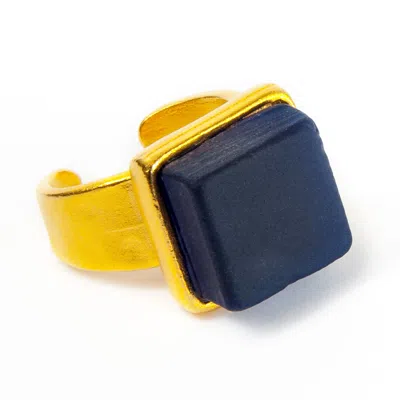 SMART GLASS JEWELRY WOMEN'S BLUE RECYCLED GLASS CUBE RING COBALT GOLD