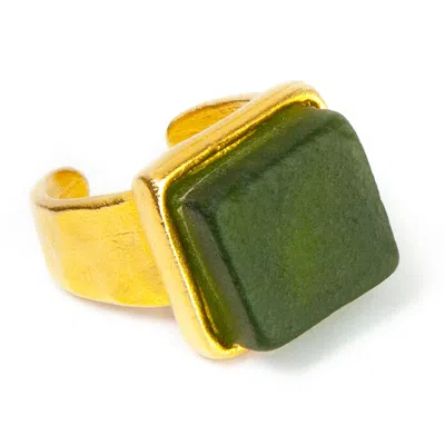 SMART GLASS JEWELRY WOMEN'S GREEN RECYCLED WINE BOTTLE CUBE RING GOLD PINE