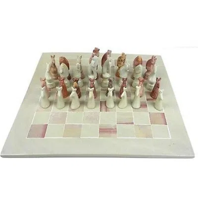 SMOLART HAND CARVED SOAPSTONE ANIMAL CHESS SET BOARD- 15 IN.