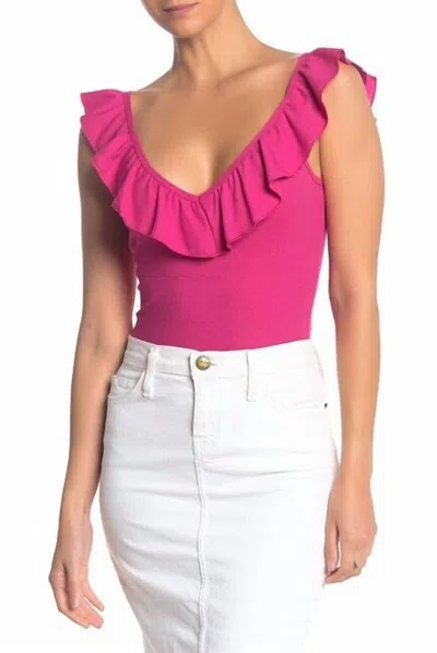SOCIALITE RIB RUFFLE SLEEVELESS V NECK BODYSUIT IN PINK