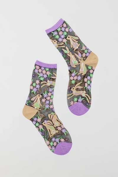 SOCK CANDY RABBIT FLORAL BLACK SHEER SOCK IN PURPLE, WOMEN'S AT URBAN OUTFITTERS