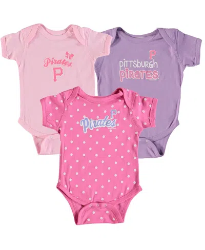 SOFT AS A GRAPE GIRLS INFANT SOFT AS A GRAPE PINK, PURPLE PITTSBURGH PIRATES 3-PACK ROOKIE BODYSUIT SET