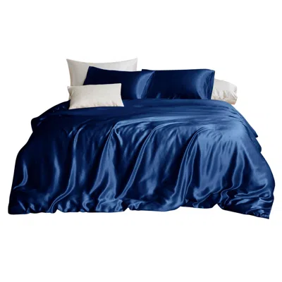 SOFT STROKES SILK BLUE PURE MULBERRY SILK SEAMLESS - FOUR-PIECE SHEET SET - QUEEN SIZE - NAVY