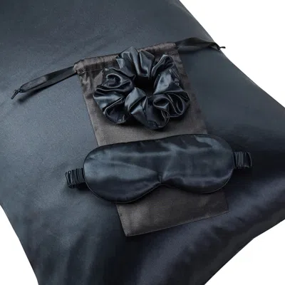 SOFT STROKES SILK GIFT SET: BLACK PURE MULBERRY SILK PILLOWCASE, EYE MASK AND SCRUNCHIES