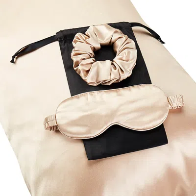 SOFT STROKES SILK NEUTRALS GIFT SET: BEIGE PURE MULBERRY SILK PILLOWCASE, EYE MASK AND SCRUNCHIES