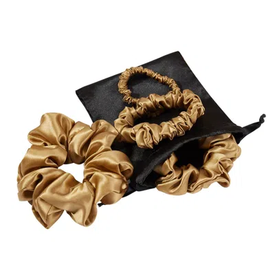SOFT STROKES SILK WOMEN'S PURE MULBERRY SILK FRENCH SCRUNCHIE SET OF FIVE IN GOLD