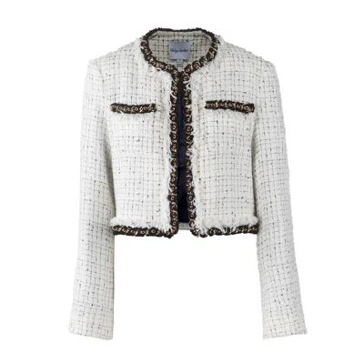 SOLGO ATELIER WOMEN'S ARET CROP TWEED BOUCLÉ JACKET IN OFF-WHITE MULTI EMBELLISHED WITH SELF FRINGES AND GOLD CHAI