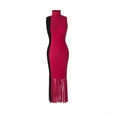 SOLGO ATELIER WOMEN'S BLACK / RED ELLEANN TURTLE NECK COLOR BLOCKING CASHMERE DRESS IN BURGUNDY AND BLACK WITH HAN