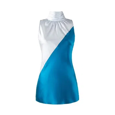 SOLGO ATELIER WOMEN'S YERA SLEEVELESS COLOR BLOCK SILK CHARMEUSE TOP IN FRENCH GRAY AND VENICE BLUE WITH GATHERED 