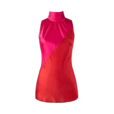 SOLGO ATELIER WOMEN'S YERA SLEEVELESS COLOR BLOCK SILK CHARMEUSE TOP IN RED ROSE AND LIPSTICK RED WITH GATHERED MO