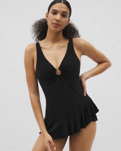SOMA WOMEN'S BEYOND CONTROL SOLID ESSENTIALS RUFFLE SWIM DRESS IN BLACK SIZE 14 | SOMA