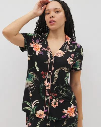 SOMA WOMEN'S COOL NIGHTS PIPED SHORT SLEEVE NOTCH COLLAR PAJAMA TOP IN BLACK SIZE 2XL | SOMA PAJAMA SETS