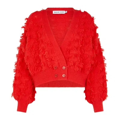 SOUR FIGS WOMEN'S FRINGED CHECKERBOARD CARDIGAN IN LUST RED