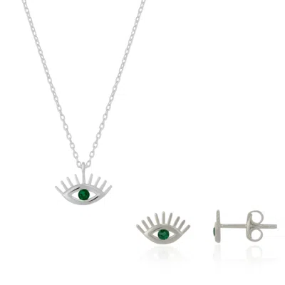 SPERO LONDON WOMEN'S EMERALD EYE EVIL EYE STERLING SILVER NECKLACE & STUD EARRING SET - SILVER