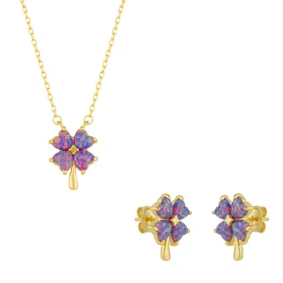 SPERO LONDON WOMEN'S GOLD / PINK / PURPLE PINK & PURPLE OPAL FOUR LEAF CLOVER STERLING SILVER NECKLACE & EARRINGS