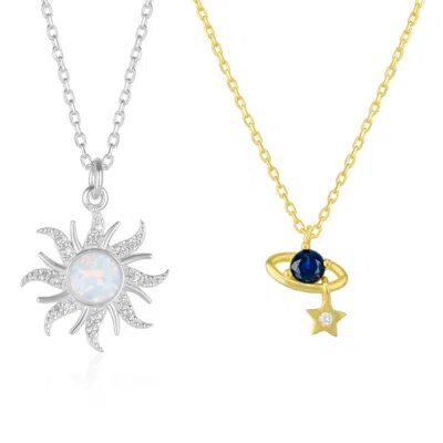 SPERO LONDON WOMEN'S GOLD / SILVER WHITE OPAL SUN & SUNBURST & SATURN NECKLACE LAYERING SET IN STERLING SILVER