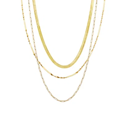 SPERO LONDON WOMEN'S HERRINGBONE SEMI TWISTED & PAPERCLIP CHAIN STERLING SILVER LAYERING NECKLACE SET - GOLD