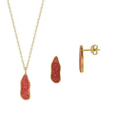 SPERO LONDON WOMEN'S RED MOLTEN CORAL & AMBER STERLING SILVER GOLD PLATED EARRING & NECKLACE SET - CORAL