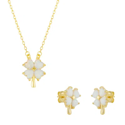 SPERO LONDON WOMEN'S WHITE OPAL FOUR LEAF CLOVER STERLING SILVER NECKLACE & EARRING SET - GOLD
