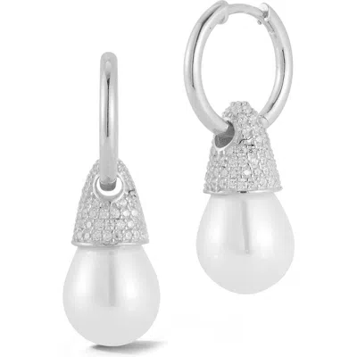 SPHERA MILANO SPHERA MILANO PAVÉ CUBIC ZIRCONIA & 10–10.5MM CULTURED PEARL DROP HUGGIE HOOP EARRINGS