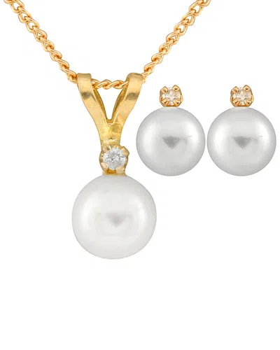 SPLENDID PEARLS SPLENDID PEARLS 14K 0.03 CT. TW. DIAMOND & 5-5.5MM AKOYA PEARL NECKLACE & EARRINGS SET