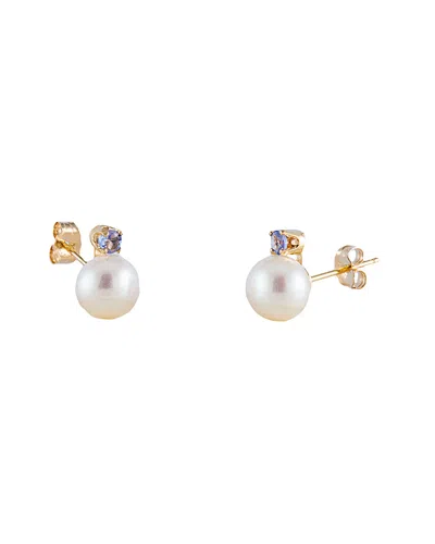 SPLENDID PEARLS SPLENDID PEARLS 14K 0.10 CT. TW. TANZANITE & 7-7.5MM FRESHWATER PEARL DROP EARRINGS