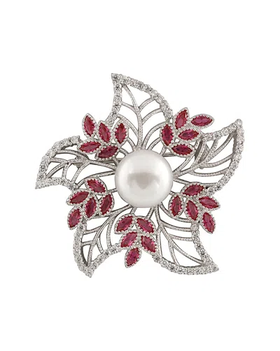 SPLENDID PEARLS SPLENDID PEARLS RHODIUM PLATED SILVER 10-11MM FRESHWATER PEARL & CZ BROOCH
