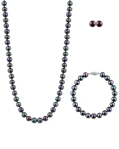SPLENDID PEARLS SPLENDID PEARLS SILVER 7-7.5MM FRESHWATER PEARL BRACELET, EARRINGS, & NECKLACE SET
