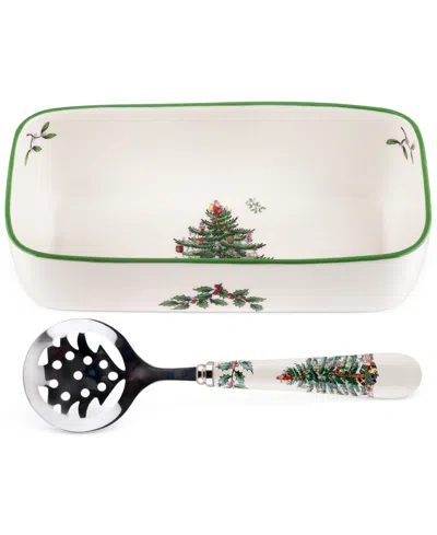 SPODE CHRISTMAS TREE CRANBERRY SERVER WITH SLOTTED SPOON