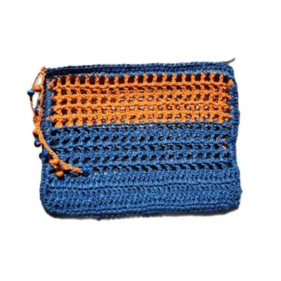 SPRINGMOONATELIER WOMEN'S BLUE & ORANGE RAFFIA HANDWOVEN CLUTCH