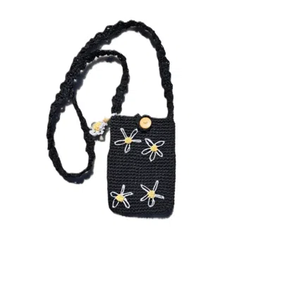SPRINGMOONATELIER WOMEN'S DAISY RAFFIA BLACK MOBILE PHONE BAG