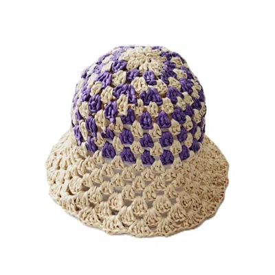 SPRINGMOONATELIER WOMEN'S HANDMADE CREAM-PURPLE RAFFIA BUCKET HAT