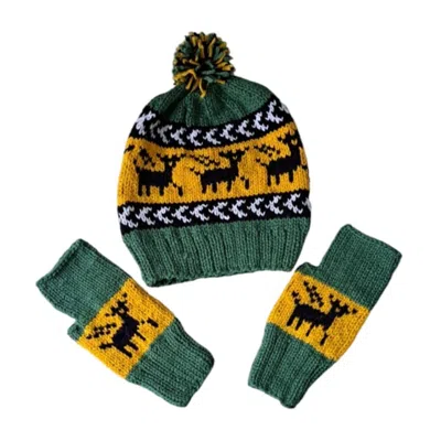 SPRINGMOONATELIER WOMEN'S HANDMADE NEW YEAR WOOL HAT AND GLOVE SET - GREEN & YELLOW