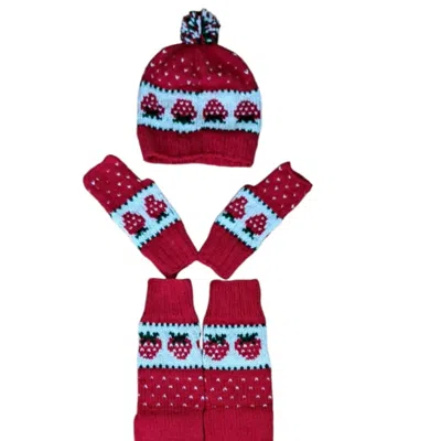 SPRINGMOONATELIER WOMEN'S HANDMADE WOOL HAT, GLOVES AND SOCKS SET - NEW YEAR'S LOVE RED WHITE