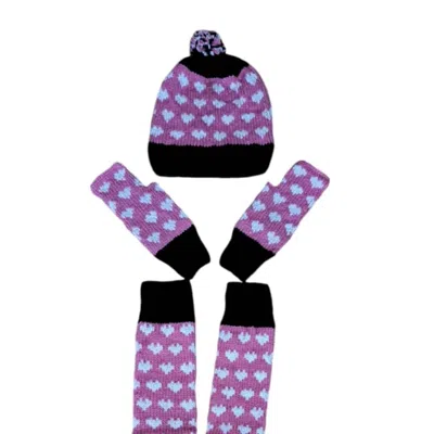 SPRINGMOONATELIER WOMEN'S HANDMADE WOOL HAT, GLOVES, AND SOCKS SET - PINK, WHITE, AND BLACK