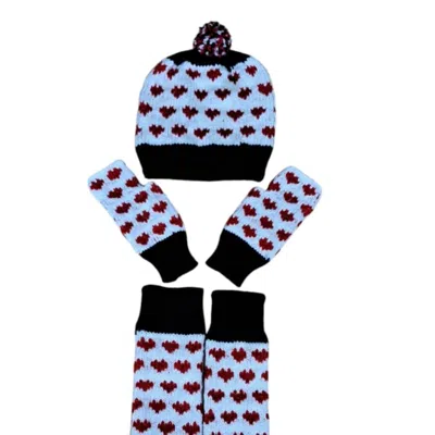 SPRINGMOONATELIER WOMEN'S HANDMADE WOOL HAT, GLOVES, AND SOCKS SET - WHITE, RED, AND BLACK