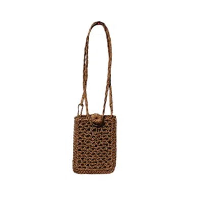 SPRINGMOONATELIER WOMEN'S KNITTED BUTTON BROWN RAFFIA PHONE CASE BAG