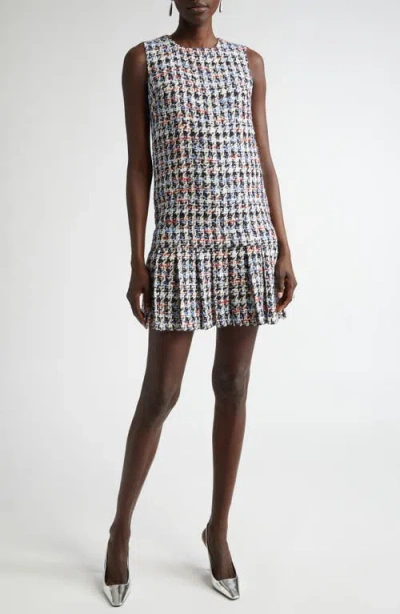 ST JOHN ST. JOHN AMERICANA HOUNDSTOOTH PLEATED TWEED SHIFT DRESS