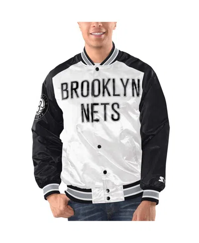STARTER MEN'S STARTER WHITE, BLACK BROOKLYN NETS RENEGADE SATIN FULL-SNAP VARSITY JACKET