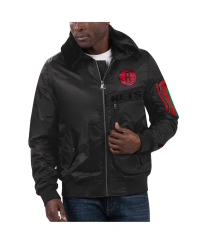 STARTER MEN'S STARTER X TY MOPKINS BLACK BROOKLYN NETS BLACK HISTORY MONTH SATIN FULL-ZIP JACKET
