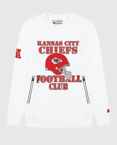 STARTER UNISEX KANSAS CITY CHIEFS CREW NECK SWEATSHIRT WITH ZIP POCKETS IN WHITE